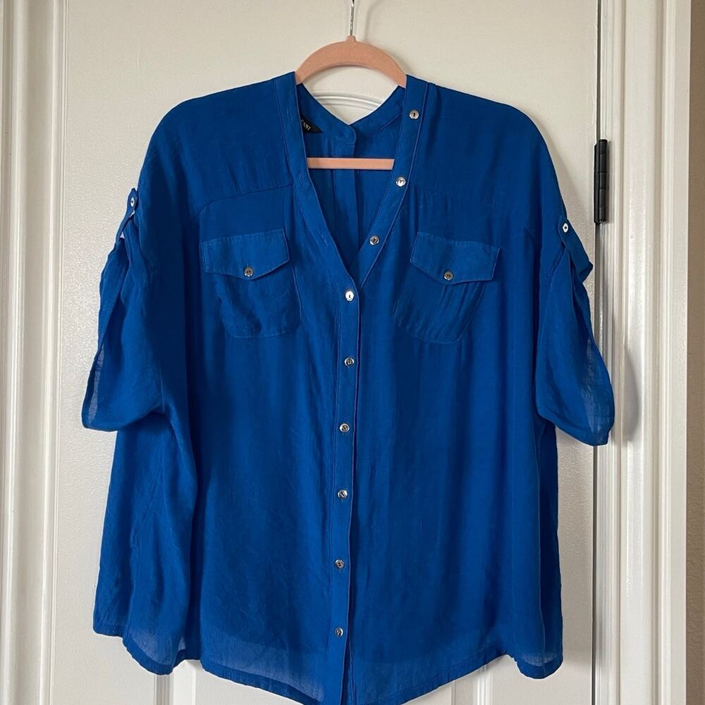 Alfani Women's Navy Blue Blouse Buttons Front & Back Medium
